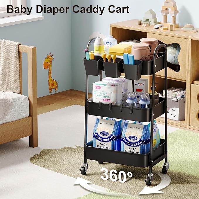 3 Tier Metal Rolling Cart with Lockable Wheels, Black Three Tiered Utility Storage Organizer Carts on Wheels for Bathroom, Kitchen, Laundry, Garage, Office, Craft, Art, Baby, Diaper Caddy, Snack, Book