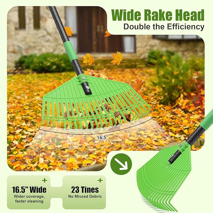 Adjustable 80'' Garden Rake with Metal Handle – Plastic Head Gentle on Grass for Cleaning Leaves, Pine Needles & Lawn Debris, Lightweight Yard Rake for Women, Seniors & Kids
