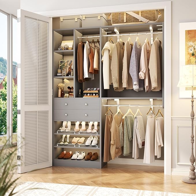 Closet System with 2 Drawers - Reversible 5FT Wood Closet Organizer System with 3 Hanging Rods and Adjustable Shelf Shoe Rack, Morandi Grey