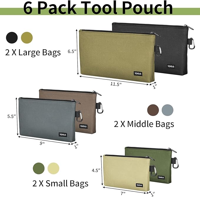 6 Pack Zipper Pouch, Premium Tool Bag, Utility Flat Bottom Storage Organizer With Carabiner Metal Zipper for Tools, Stationary, Pencil