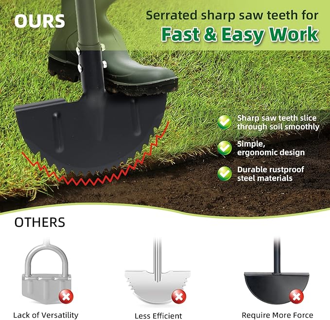 Half Moon Edger Lawn Tool - Heavy Duty Saw Tooth Manual Edgers with Sharp Blade & Wide Footplate, 38"-49" Adjustable T-Grip Handle for Landscaping, Sidewalks, Yard,Grass,Flower Bed & Garden Edging