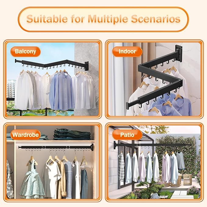 Clothes Drying Rack for Laundry,Wall Mounted Clothes Hanger Rack,Folding,Retractable,Collapsible(J Shape Hooks)