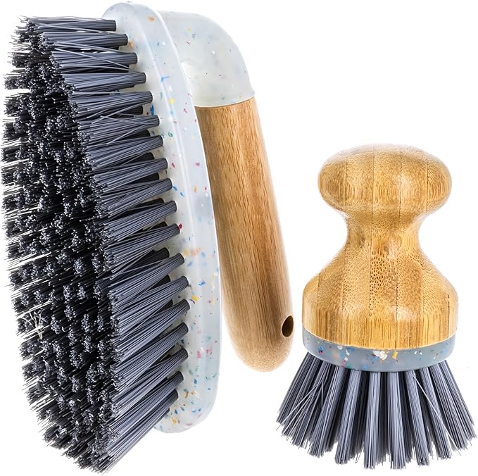 Beille 2pc Dish Brush and Scrub Brush Set with Bamboo Handles and Heavy Duty Bristles Household Essentials