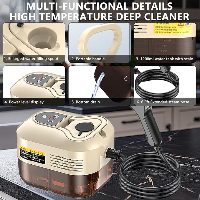 Handheld Steam Cleaner, Portable Steamer for Cleaning with 9pcs Accessories, 6-Level Adjustable Handle, 12s Heat-Up, 1200ml Tank, Steam Cleaner for Home,Dirt,Grout,Tile,Floor,Couch and Car (Khaki)