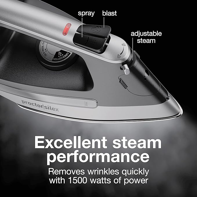 Proctor Silex Steam Iron for Clothes with Durable Stainless Steel Soleplate, 1500 Watts, 8’ Retractable Cord, 3-Way Auto Shutoff, Anti-Drip, Gray and Black (14250)