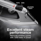 Proctor Silex Steam Iron for Clothes with Durable Stainless Steel Soleplate, 1500 Watts, 8’ Retractable Cord, 3-Way Auto Shutoff, Anti-Drip, Gray and Black (14250)