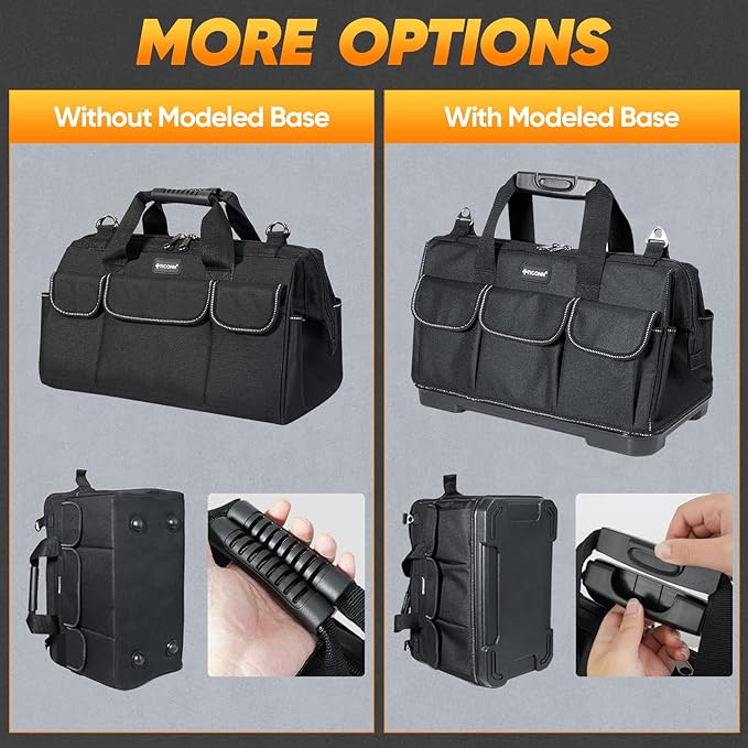 TICONN Heavy Duty Tool Bag with Multi-Pockets, Portable Tool Box Organizer Storage Bag, with Adjustable Shoulder Strap and Ergonomic Handle (Black, 14" Standard Base)