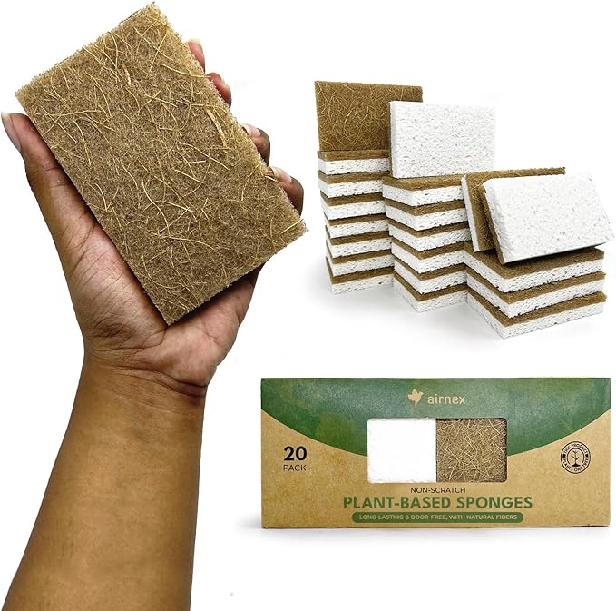Natural Kitchen Sponges Pack of 20 - Biodegradable Cellulose and Coconut Husk Walnut Scrubbers - Odor Free Non Scratch - Eco Friendly Quick Drying Dishwashing Sponges