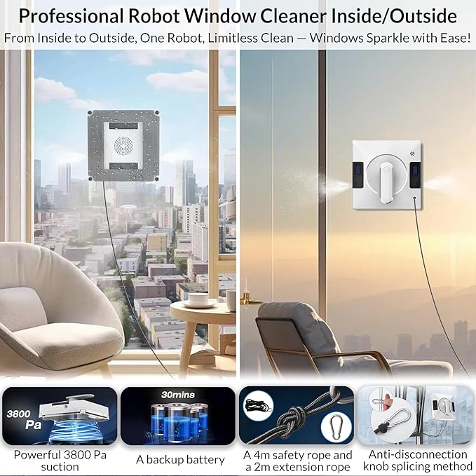 Smart Window Cleaning Robot With Dual Water Spray,3800pa Suction, Multiple Anti - Fall Protection,AI Path Planning,App & Remote Control,Ideal Window Washer Robot For High-Rise Windows And Glass Doors