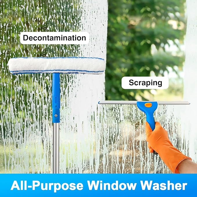 Squeegee for Window Cleaning, 14" Extra-Large Squeegee & Microfiber Scrubber Combi with 60" Stainless Steel Pole, Window Cleaning Kit for Shower Glass Mirror Door Car-2 Pads