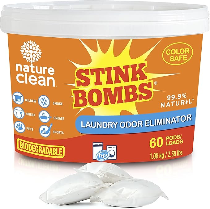 Nature Clean Stink Bombs, Natural Laundry Odor Eliminator for Clothes, Strong Odor Remover for Clothes with Pet, Sweat, Grease, Mildew & Sports Smell, Odor Remover Laundry Pods for Home Use, 60 Pods