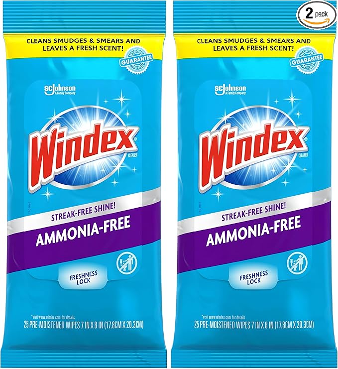 Windex Wipes Glass Cleaning Ammonia Free, Pre-Moistened Wipes for Cleaning All Glass Surfaces, Crystal Rain Fresh Scent, 25 Count (Pack of 2)