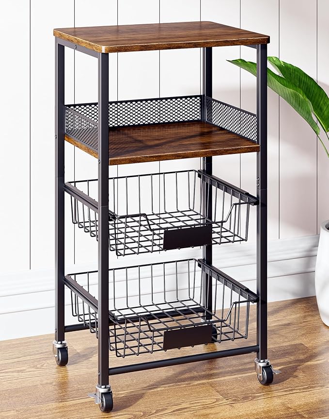 4-Tier Small Kitchen Storage Cart on Wheels, Rolling Pantry and Snack Organizer Cart with Pull-Out Baskets & Wood Top, Utility Kitchen Fruit Basket Stand for Fruit Potato Onion Vegetable Snack