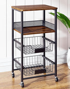 4-Tier Small Kitchen Storage Cart on Wheels, Rolling Pantry and Snack Organizer Cart with Pull-Out Baskets & Wood Top, Utility Kitchen Fruit Basket Stand for Fruit Potato Onion Vegetable Snack