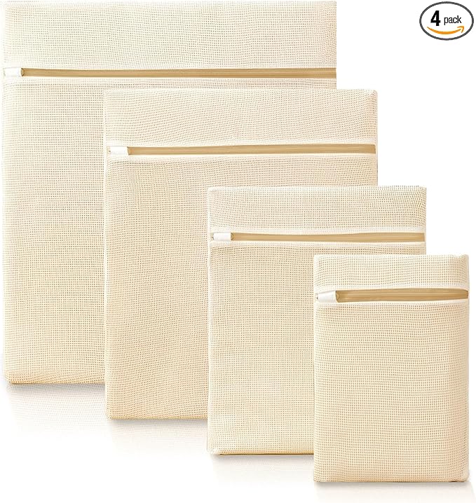 4Pcs Cotton Mesh Laundry Bags for Delicates,Breathable Mesh Garment Bag for Washing Machine, Travel Wash Bags with Zipper for Bras, Underwear, Socks, Clothes, Laundry Dorm Room Essentials(S-XL)