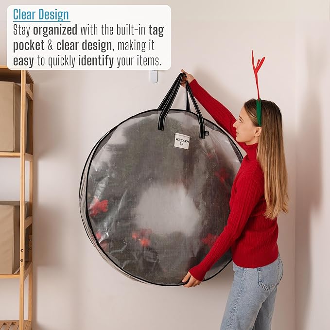 VENO 4 Pack Front Door Wreath Storage Container For Summer - 36 Inch Clear Wreath Bag, Christmas Garland Decoration Organizers with Zipper and Durable Handles (Clear, 36"-4 Pack)