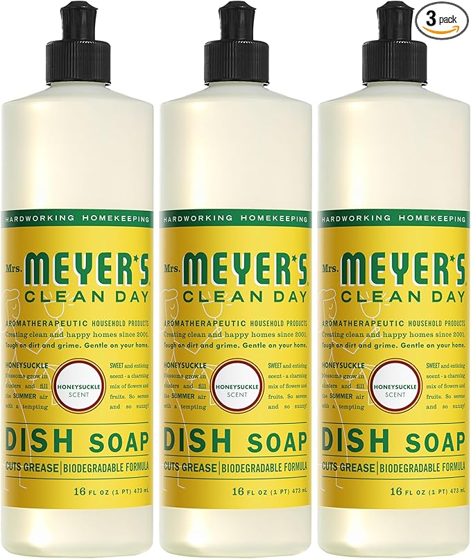 MRS. MEYER'S CLEAN DAY Liquid Dish Soap, Biodegradable Formula, Honeysuckle, 16 fl. oz - Pack of 3