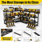64''W XLarge Power Tool Organizer Wall Mount | Modular & Corner-Fit 820lbs Storage Rack with 8 Cordless Drill Holder | 4-Tier Heavy Duty Metal Utility Shelf for Garage Workshop Organization