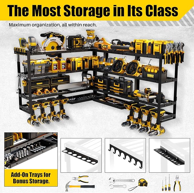 64''W XLarge Power Tool Organizer Wall Mount | Modular & Corner-Fit 820lbs Storage Rack with 8 Cordless Drill Holder | 4-Tier Heavy Duty Metal Utility Shelf for Garage Workshop Organization