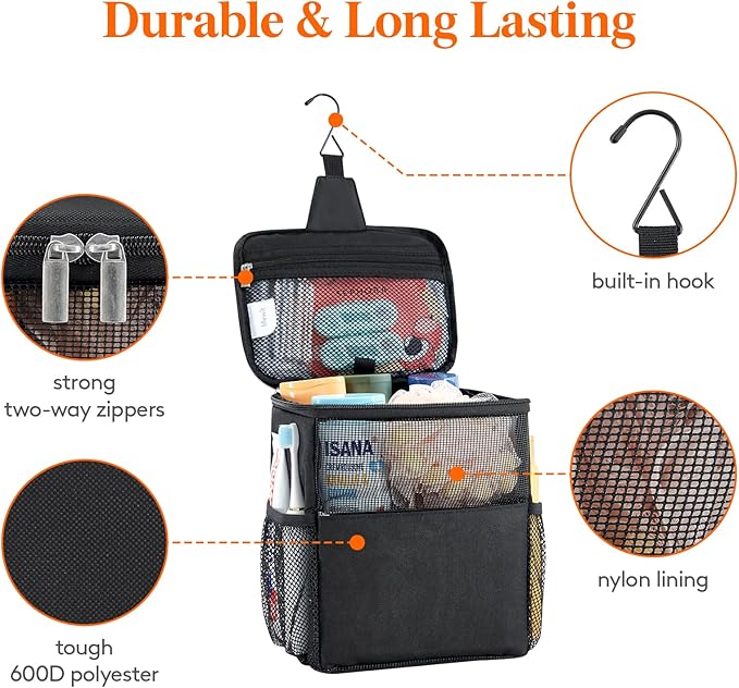 Lifewit Mesh Shower Caddy Bag Portable College Dorm Room Essentials Caddy Tote Basket for Bathroom, Gym, Travel, Camping Quick Dry Hanging Shower Organizer Toiletry Bag for Women Men, Medium, Black