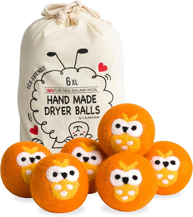 Calindiana 100% Organic Premium New Zealand Wool Dryer Balls Laundry Reusable Fabric Softener, Cute Dryer Sheets Alternative, Anti Static XL Size 6 Pack, Orange Owl