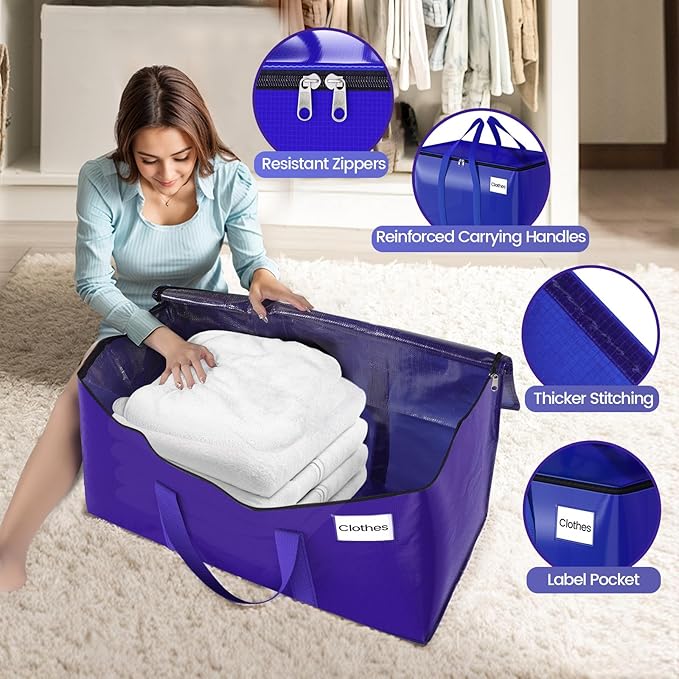 FabSpace 10Pack Moving Storage Bags, Moving Supplies Packing Boxes for Moving, Camping, College Dorm Room Essentials for Girls, Blue Tote Bags, 76L Heavy-Duty Storage Bins With Lids And Zippers