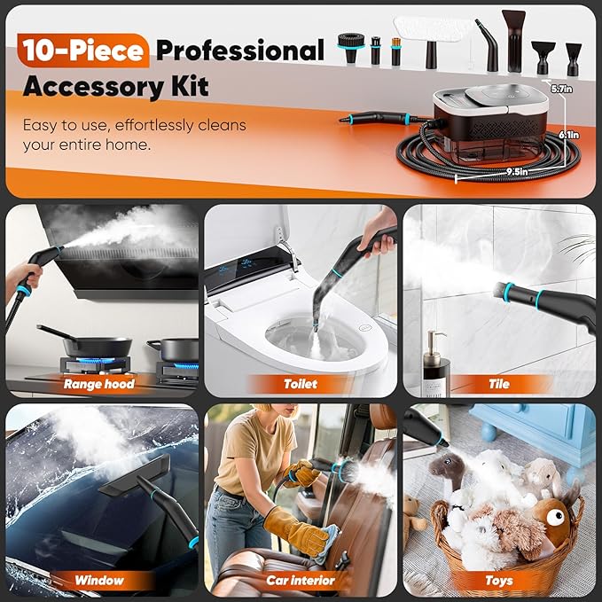 Steam Cleaner, 2500W Heavy Duty Pressurized Handheld Steamer with Built-in 1.32 qt Water Tank & 10 Accessories – for Kitchen, Bathroom, Car, Floors, Furniture, Tile & Windows (Black/White)