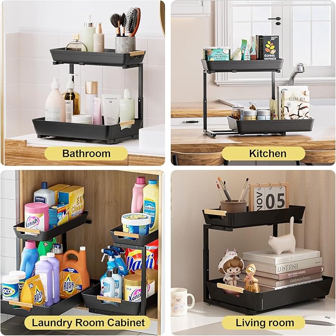 Under Sink Organizer,2 Tier Pull Out Adjustable Height Under Cabinet Storage,Under Sink Storage for Kitchen Bathroom Cabinet(1 Pack)