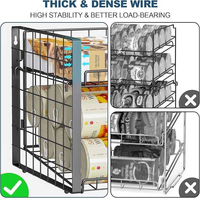 JKsmart 2-Tier Stackable Can Rack Organizer for Pantry, Adjustable Can Dispenser Holds Up to 62 Cans, Can Storage Holder for Various Ounces of Canned Food Soda Drinks, Black, 2 Pack (Petent Pending)