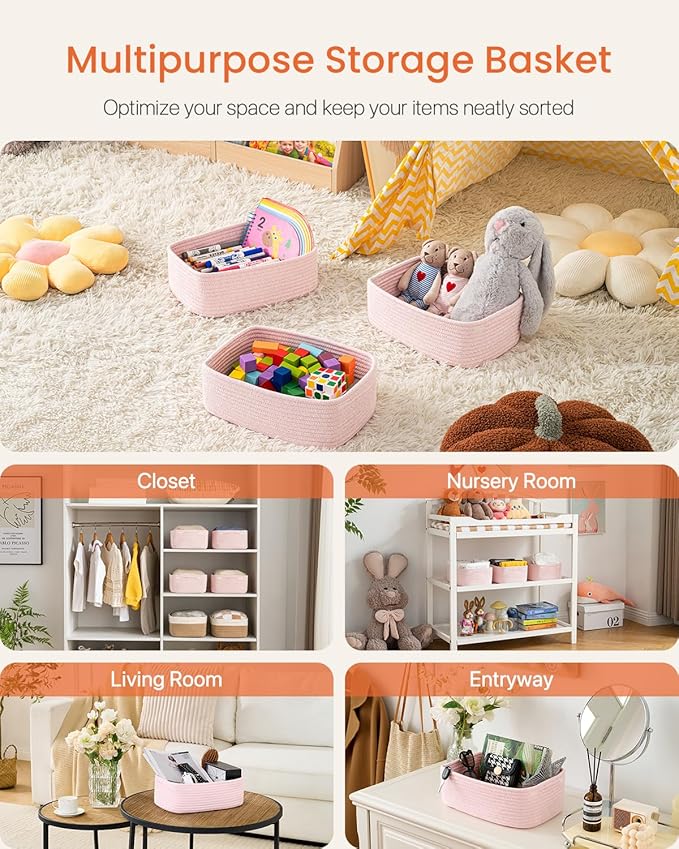 Small Woven Basket, 12 x 8 x 4.5 Inches, Storage Basket for Organizing, Cute Small Rope Shelf Closet Cube Storage Bins Baskets for Shelves, Dog Toy Gift Baskets Empty, 3 Pack Light Pink