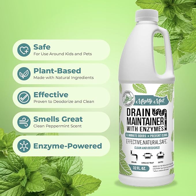 Mighty Mint Drain Maintainer with Enzymes – Drain Cleaner Controls Bad Smells and Prevents Buildup for Drains, Grease Traps, Septic, 32oz