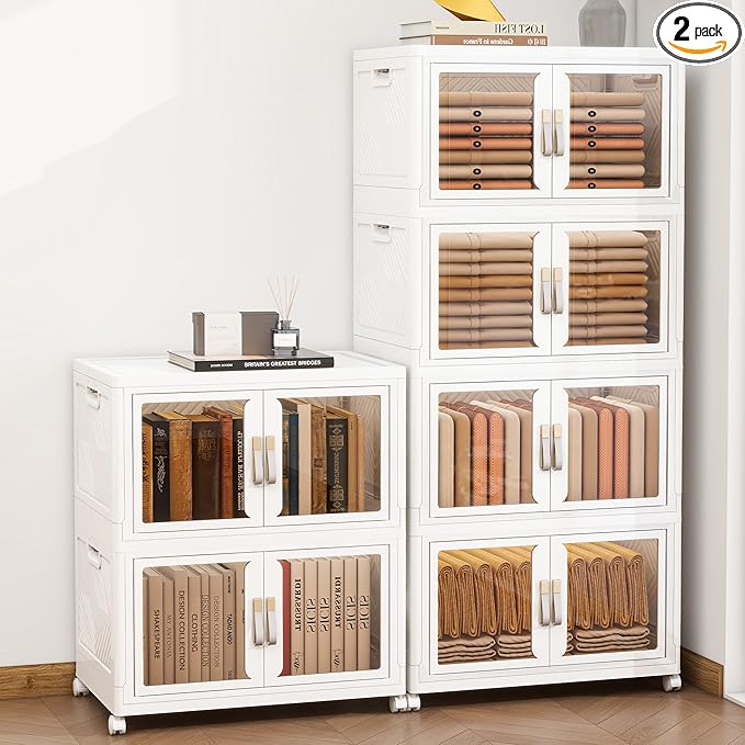 Large Stackable Storage Bins with 2 Lids, 660QT-110QT*6Tier Foldable Cabinet for Closet Organizers, Plastic Storage Containers Box with Wheels