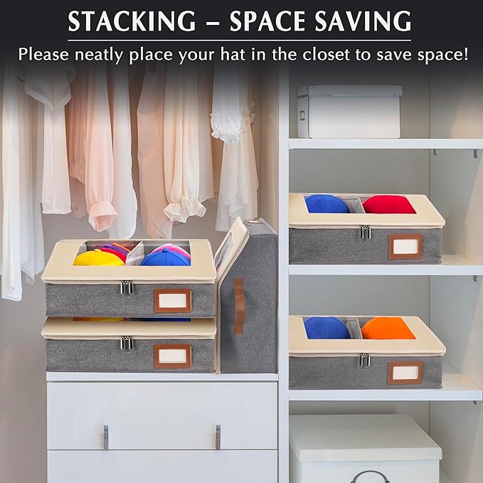 2-in-1 Hat Organizer for Baseball Caps Holds 48-60 Hats Holder for Closet with Clear lid Stackable Hat Storage with Adjustable Space Cowboy Hat Box for Men Women 2 PCS White and Grey