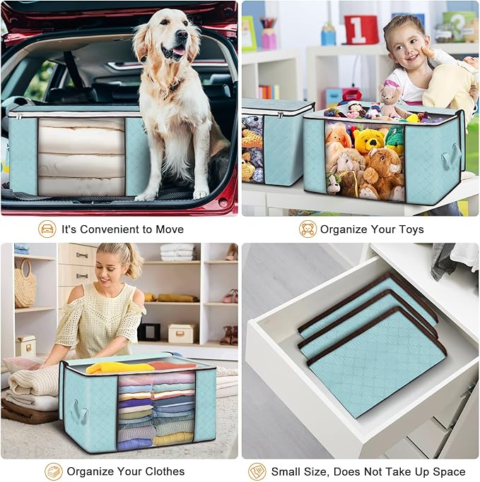 Budding Joy 90 L Large Storage Bags, 2 Pack Clothes Bins Foldable Closet Organizer Containers for Blanket, Comforters, Bed Sheets, Pillows and Toys (Blue)
