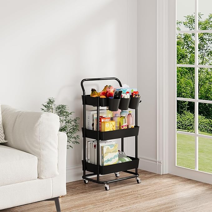 Buzowruil 3-Tier Rolling Utility Cart, Storage Cart with Handle Multi-Purpose and Locking Wheels,with Hanging Basket and Hook for Office, Kitchen, Bathroom,Black