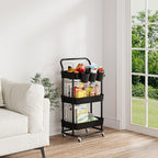 Buzowruil 3-Tier Rolling Utility Cart, Storage Cart with Handle Multi-Purpose and Locking Wheels,with Hanging Basket and Hook for Office, Kitchen, Bathroom,Black