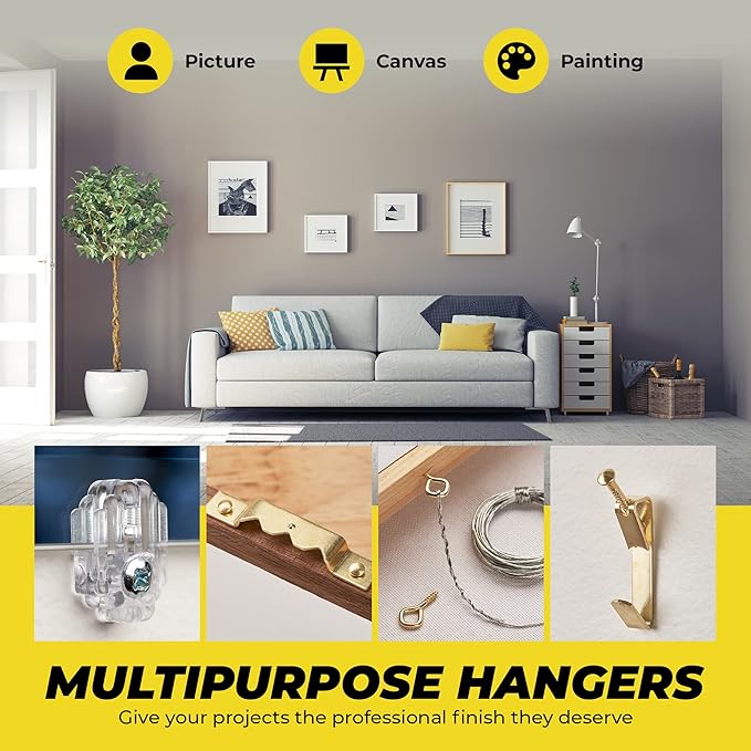 Picture and Mirror Hanging Kit Assortment – Hardware Supplies to Hang a Picture, Canvas, or Painting – Assortment of Hooks, Wire, Nails, and Sawtooth Hangers – Suitable for Drywall and Masonry Hanging