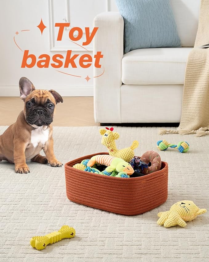 Small Woven Basket, 13.5 x 9.5 x 5 Inches, Storage Basket for Organizing, Cute Small Rope Shelf Closet Cube Storage Bins Baskets for Shelves, Dog Toy Gift Baskets Empty, 3 Pack Rust Red