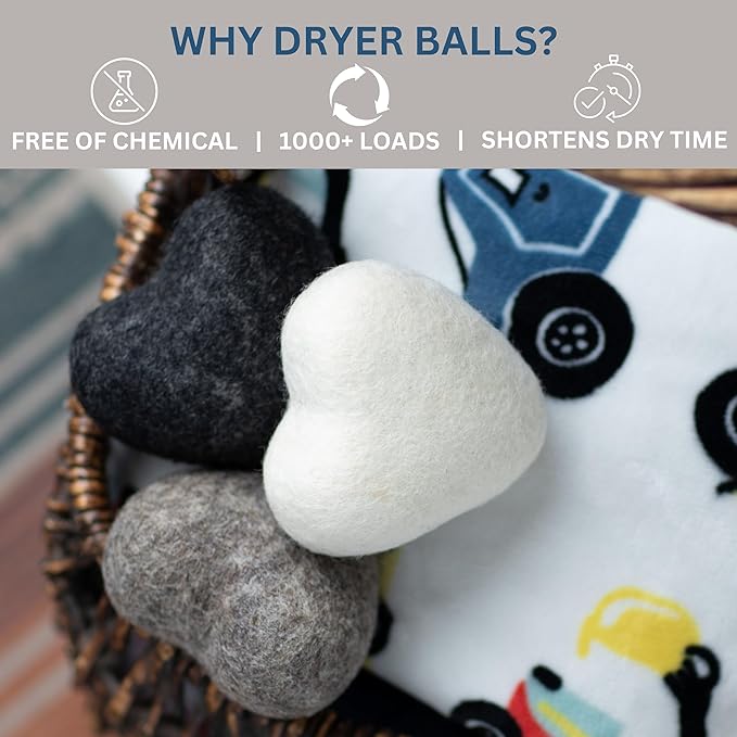Big Heart Reusable Handmade Wool Dryer Balls for Laundry 3-Pack XL, Wool Balls Replaces Dryer Sheets and Shorten Drying Time.