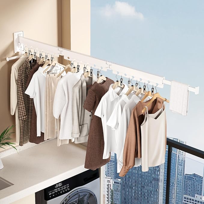 Wall Mounted Collapsible Clothes Drying Rack, Durable Space-Saving Laundry Drying Rack Clothing Hanger, Upgraded with Clips and Windproof Holes