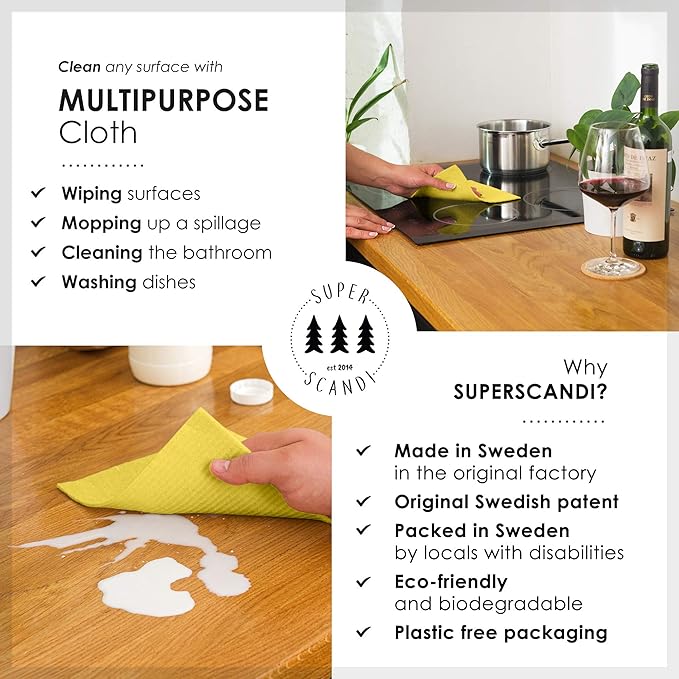 SUPERSCANDI 10 Pack Swedish Dishcloths for Kitchen - 100% Biodegradable & Compostable Reusable Paper Towels Washable, Food-Safe & Without Plastic - Dish Rags Suitable for Any Surface, Yellow