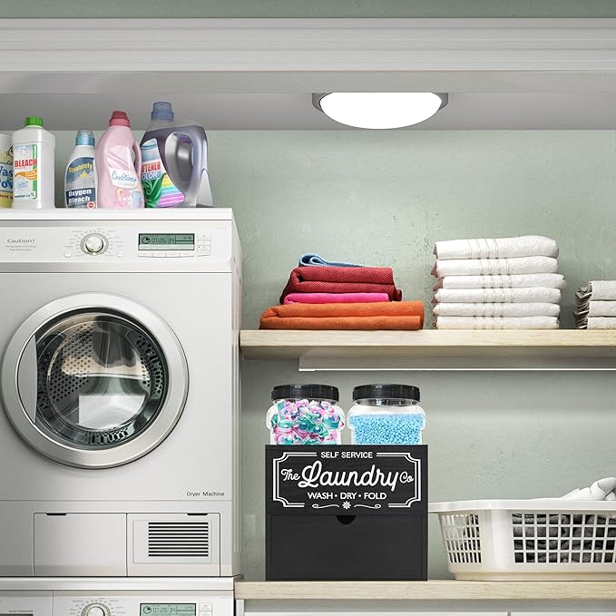Dryer Sheet Container for Laundry Room Organization, Laundry Pods Container Include 2 Plastic Jars with Lids for Laundry Room Storage, Drying Ball and Laundry Detergent Dispenser, Laundry Room Decor