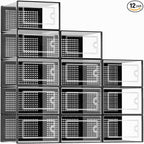 Kuject Large Shoe Organizers Storage Boxes for Closet, 12 Pack Clear Plastic Stackable Storage Bins with Lids, Under Bed Shoe Containers for Entryway, Drop Front, Fit up to Women's Size 10,Black