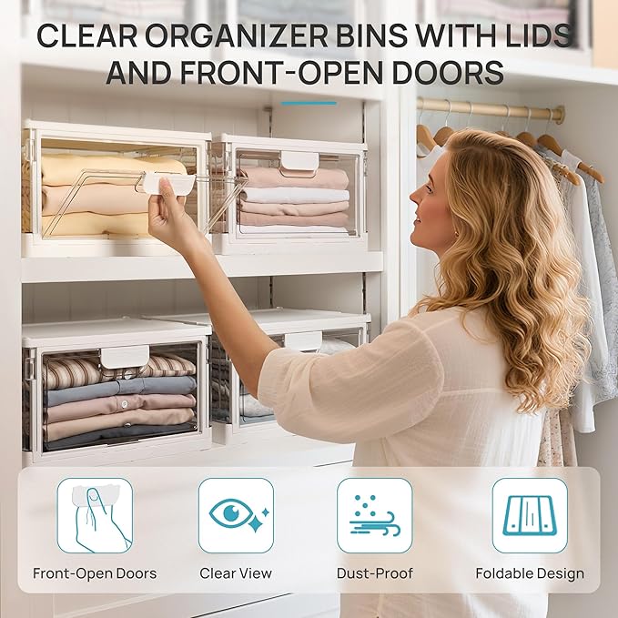 Vtopmart 4 Pack Stackable Storage Bins with Lids,24QT Clear Foldable Closet Organizer with Front-Open Doors,Plastic Storage Containers for Living Room, Bedroom, Craft Room, Dorm Organization