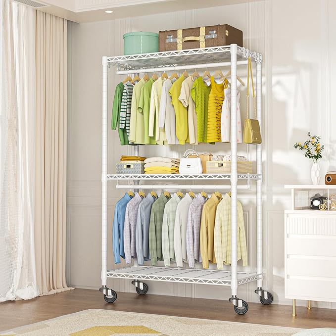 P3 Rolling Clothes Rack, Clothing Racks for Hanging Clothes, Heavy Duty Garment Rack with Wheels, Freestanding Portable Closet Organizer 39.4''W x 14''D x 78.5''H, Max Load 464 LBS, White