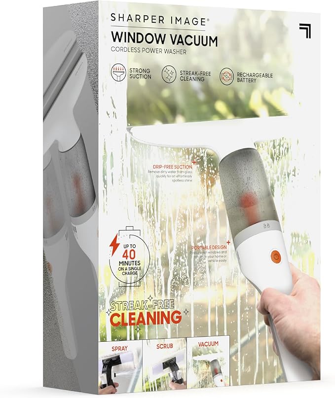 Sharper Image® 2-in-1 Window Vacuum Cleaner Kit – Cordless Squeegee, Spray Bottle, 11" Blade, 2 Washable Microfiber Pads| Cleaning Supplies Tool Set| Glass, Mirrors, Shower, Windows, Car Windshield