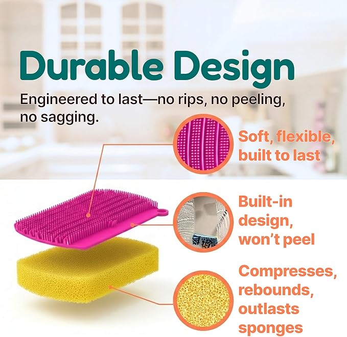 3-in-1 Silicone Scrubber Sponge with Squeegee – Non-Scratch Kitchen Sponge for Dishes, Sink & Bathroom, Quick-Dry, Reusable Cleaning Tool (Teal +Yellow)