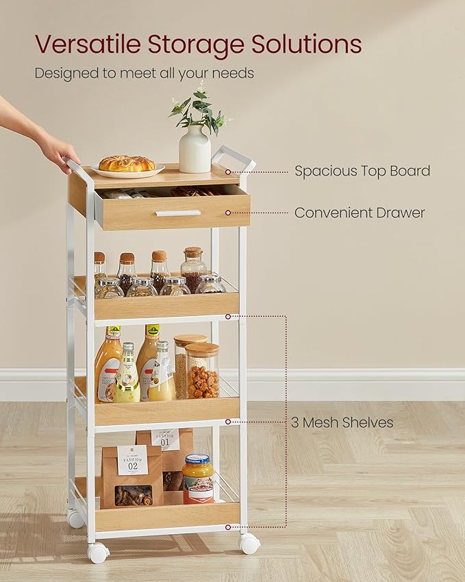 VASAGLE Storage Cart, 4-Tier Rolling Utility Cart with Table Top, Handles, 4 Lockable Casters, Top Drawer, Mesh Shelves, for Kitchen, Bathroom, Bedroom, Golden Oak and Cloud White ULRC049N01