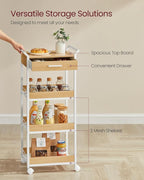 VASAGLE Storage Cart, 4-Tier Rolling Utility Cart with Table Top, Handles, 4 Lockable Casters, Top Drawer, Mesh Shelves, for Kitchen, Bathroom, Bedroom, Golden Oak and Cloud White ULRC049N01