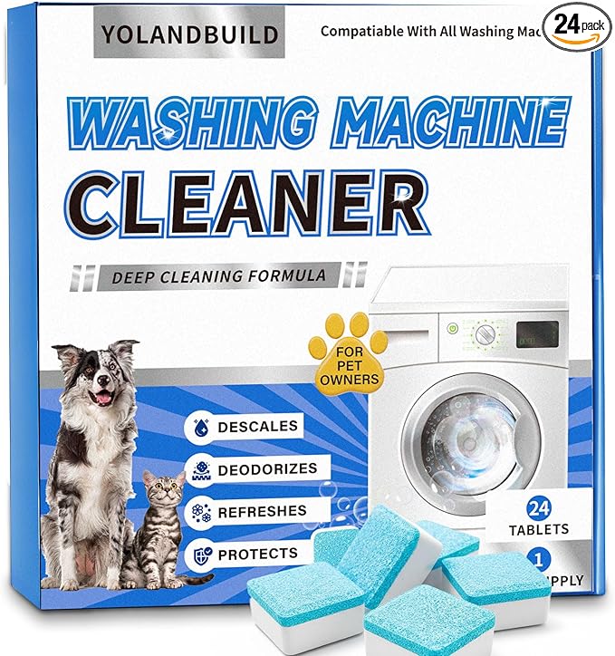 Washing Machine Cleaner Tablets - 24 Pack. Formulated for Pet Owners.Washer Machine Cleaner Remove Stubborn Pet Hair, Residue, Grime and Odors,Compatible with HE, Top & Front Load Washer